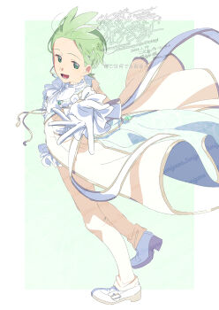 Rule 34 | 1boy, :d, border, cilan (pokemon), coat, full body, gloves, green background, green eyes, green hair, highres, long sleeves, nintendo, open mouth, outside border, outstretched arm, pants, pokemon, pokemon bw, serizawa serizane, shoes, short hair, simple background, smile, solo, standing, standing on one leg, watermark, white border, white gloves, white shoes, yellow coat, yellow pants