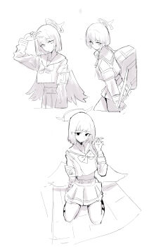 Rule 34 | 1girl, absurdres, armband, bag, bird wings, blue archive, bow, bowtie, collarbone, commentary request, cropped shirt, greyscale, halo, highres, kneehighs, long sleeves, low wings, mashiro (blue archive), medium hair, midriff, mirusen1x, missing wings, monochrome, multiple views, pleated skirt, sailor collar, school bag, sidelocks, simple background, sitting, sketch, skirt, socks, v, wings