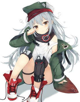 ankle_boots arm_up bare_shoulders black_scarf black_shorts black_thighhighs blush boots brown_eyes buckle closed_eyes coat commentary cross-laced_footwear drowsy full_body g11_(girls&#039;_frontline) girls&#039;_frontline green_coat green_hat grey_hair hair_between_eyes hat head_tilt heart heart_print knee_pads knees_up long_hair long_sleeves nibiiro_shizuka off_shoulder open_clothes open_coat print_scarf red_footwear scarf shoes short_shorts shorts simple_background single_thighhigh sitting sleepy sleeves_past_wrists solo tank_top thighhighs untied_shoelaces very_long_hair white_background wiping_face