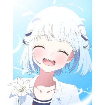 1girl :d ^_^ absurdres black_shirt blush closed_eyes collarbone commentary_request facing_viewer gakuen_idolmaster gloves hair_ornament hairclip highres idolmaster jacket katsuragi_lilja open_clothes open_jacket open_mouth outside_border parallel_hairclips pillarboxed portrait ringo_ame_(umsf2734) shirt short_hair smile solo white_gloves white_hair white_jacket