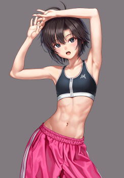 1girl :o armpits arms_up bare_shoulders black_eyes black_hair blue_eyes blush breasts commentary_request crop_top groin hair_between_eyes highres idolmaster kikuchi_makoto leaning_to_the_side long_hair navel nekopuchi pants pink_pants short_hair small_breasts solo stomach teeth upper_teeth_only zipper_top