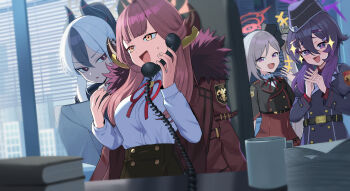 4girls absurdres aru_(blue_archive) black_hair black_jacket black_shirt black_skirt blue_archive blunt_bangs blush coat commentary_request demon_girl demon_horns fur-trimmed_coat fur_trim grey_halo halo haruka_(blue_archive) high-waist_skirt highres horns indoors jacket junmin kayoko_(blue_archive) long_hair multicolored_hair multiple_girls mutsuki_(blue_archive) open_mouth own_hands_together pink_halo ponytail problem_solver_68_(blue_archive) purple_eyes purple_hair purple_halo red_coat red_eyes red_hair red_halo red_skirt shirt sidelocks skirt sweatdrop two-tone_hair very_long_hair white_hair white_shirt yellow_eyes