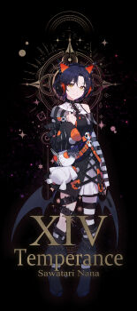 1girl absurdres animal_ear_headphones animal_ears black_background blue_hair blush chinese_commentary closed_mouth commentary_request cosplay fake_animal_ears full_body girls_band_cry hand_up headphones highres long_sleeves looking_at_viewer mahou_shoujo_no_majo_saiban nana_(girls_band_cry) sawatari_coco sawatari_coco_(cosplay) short_hair solo striped_clothes striped_thighhighs thigh_strap thighhighs wings yellow_eyes yun_cao_bing