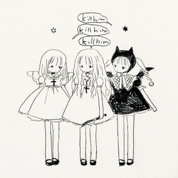 3girls amamizu_(mmqz8) angel_and_devil angel_wings cross cross_necklace demon_horns demon_wings dress english_text full_body greyscale highres holding holding_knife horns jewelry knife long_hair looking_at_another mary_janes monochrome multiple_girls necklace original puffy_short_sleeves puffy_sleeves shoes short_dress short_sleeves simple_background speech_bubble standing star_(symbol) twintails wings