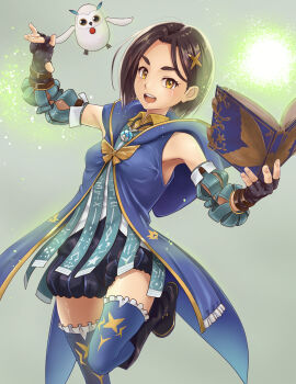 Rule 34 | 1girl, :d, bird, black boots, blue cloak, book, boots, brown eyes, brown gloves, brown hair, cloak, cowboy shot, creature, detached sleeves, fingerless gloves, hootle (tales), gloves, green background, hair ornament, hand up, highres, holding, holding book, hood, hood down, looking at viewer, magic, malcorond, medium hair, open mouth, owl, puffy shorts, rinwell (tales), round teeth, shorts, simple background, smile, solo, standing, standing on one leg, tales of (series), tales of arise, teeth, upper teeth only