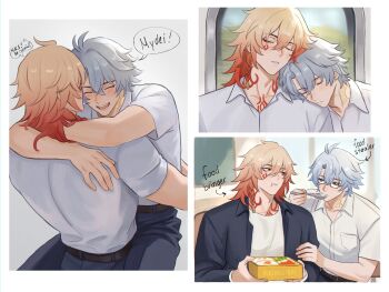 Rule 34 | 2boys, absurdres, antenna hair, arm tattoo, black jacket, blazingstrife, blonde hair, blue eyes, blush, braid, carrying, carrying person, chest tattoo, closed eyes, collared shirt, commentary, english commentary, facial tattoo, gradient hair, head on another's shoulder, highres, honkai: star rail, honkai (series), jacket, male focus, medium hair, multicolored hair, multiple boys, mydei (honkai: star rail), neck tattoo, open clothes, open jacket, parted bangs, phainon (honkai: star rail), red hair, red tattoo, shirt, short hair, side braid, sleeping, sleeping on person, sun symbol, sun tattoo, tan, tattoo, white hair, white shirt, yaoi, yellow eyes