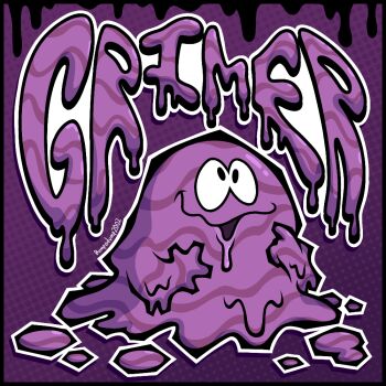 artist_name black_border blob border bumpadump2002 character_name commentary dripping english_commentary full_body gen_1_pokemon grimer nintendo no_humans open_mouth outline pokemon pokemon_(creature) pokemon_focus smile solo toon_(style) white_outline