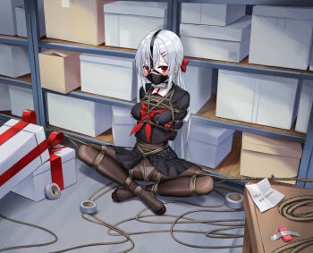 absurdres arms_behind_back ball_gag bdsm bicycle_lock black_pantyhose black_serafuku bondage bound breast_bondage cloth_gag egg_vibrator gag gag_harness gag_under_mask gagged grey_hair groin highres improvised_gag indoors kumachi_(aikawaakeya) lock long_hair mask medium_hair mouth_mask neckerchief nipple_clamps object_insertion original over_the_nose_gag panties panties_under_pantyhose pantyhose pleated_skirt red_eyes red_neckerchief red_ribbon ribbon sailor_collar school_uniform serafuku sex_toy shibari shibari_over_clothes skindentation skirt underwear vaginal vaginal_object_insertion very_long_hair vibrator white_panties