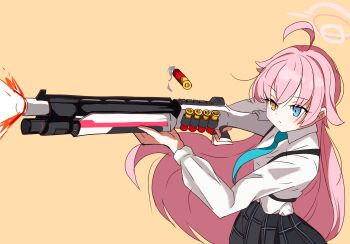 ahoge aiming ar16 blue_archive blue_eyes casing_ejection firing gun halo heterochromia highres hoshino_(blue_archive) long_hair necktie pink_hair school_uniform shell_casing shotgun shoulder_strap weapon yellow_eyes