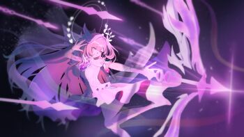 1girl absurdres akm_douitai bow_(weapon) breasts bridal_veil commentary_request cyrene_(honkai:_star_rail) cyrene_(ripples_of_past_reverie)_(honkai:_star_rail) dress energy_arrow halo highres honkai:_star_rail honkai_(series) large_breasts pink_hair purple_eyes revision smile solo veil weapon white_dress