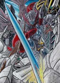 absurdres armor battle blue_eyes daizyuzin dino_megazord fighting furuta_yoroshi gattai glowing glowing_eyes highres holding holding_shield holding_sword holding_weapon horns machine mask mecha mighty_morphin_power_rangers no_humans power_rangers power_rangers_(movie) robot science_fiction shield super_robot sword tokusatsu traditional_media weapon western_comics_(style) wings