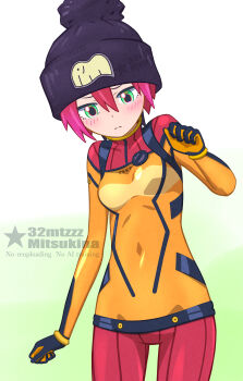 1girl 32zzz amate_yuzuriha artist_logo artist_name beanie black_hat blush bodysuit commentary_request company_connection cosplay covered_navel creator_connection english_text evangelion:_2.0_you_can_(not)_advance green_eyes gundam gundam_gquuuuuux hair_between_eyes hat highres logo mecha_pilot_suit multicolored_bodysuit neon_genesis_evangelion orange_bodysuit plugsuit_(evangelion) rebuild_of_evangelion red_bodysuit red_hair revision solo souryuu_asuka_langley souryuu_asuka_langley_(cosplay) test_plugsuit_(evangelion) watermark white_background