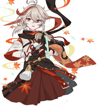 1boy absurdres antenna_hair armor autumn_leaves bandaged_hand bandages black_gloves falling_leaves fingerless_gloves genshin_impact gloves glowing glowing_sword glowing_weapon hair_between_eyes hakama hakama_shorts highres holding holding_sword holding_weapon japanese_armor japanese_clothes kaedehara_kazuha leaf leaf_print male_focus medium_hair multicolored_hair open_mouth ponytail red_eyes red_hair red_legwear shorts simple_background solo streaked_hair sushi_171 sword weapon white_background white_hair