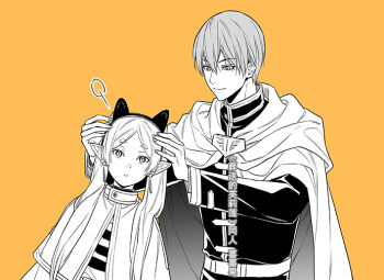 Rule 34 | 1boy, 1girl, animal ear hairband, animal ears, belt, black jacket, capelet, cat ear hairband, cat ears, cloak, closed mouth, earrings, elf, fake animal ears, frieren, hair between eyes, hairband, himmel (sousou no frieren), jacket, jewelry, lm 0063, long hair, mole, mole under eye, monochrome, orange background, parted bangs, parted lips, pointy ears, shirt, short hair, smile, sousou no frieren, striped clothes, striped shirt, thick eyebrows, twintails, upper body, white belt, white capelet, white cloak, white jacket