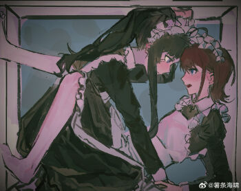 2girls awa_subaru barefoot black_dress black_hair blue_eyes blush brown_hair chinese_commentary commentary_request dress ear_blush eye_contact girls_band_cry hair_down highres iseri_nina juliet_sleeves long_hair long_sleeves looking_at_another maid_headdress multiple_girls occoon open_mouth ponytail puffy_sleeves purple_eyes sidelocks stuck_in_a_box watermark weibo_watermark yuri