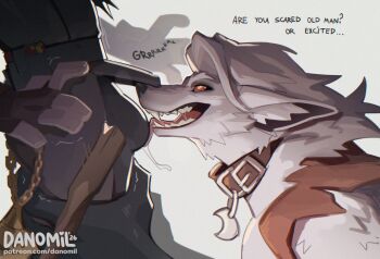 1boy 1girl animal_ears animal_nose artist_name belt_collar body_fur bulge collar colored_sclera commentary crescent curtained_hair danomil dated deadlock_(game) english_commentary erection erection_under_clothes fangs fingerless_gloves from_side furry furry_female furry_with_non-furry gloves grey_fur grey_hair hand_on_another's_thigh holding_another's_thighs interspecies leather_collar licking_bulge open_mouth patreon_username red_sclera saliva sharp_teeth silver_(deadlock) simple_background snout solo_focus teeth transformation two-tone_fur venator_(deadlock) werewolf white_background white_fur wolf_ears wolf_girl yellow_eyes