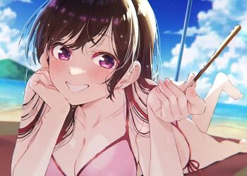 1girl ass beach bikini blush breasts brown_eyes brown_hair cleavage collarbone food highres kanojo_okarishimasu large_breasts long_hair looking_at_viewer lying mizuhara_chizuru ocean official_art on_stomach pink_bikini pocky side-tie_bikini_bottom sidelocks smile swimsuit wet