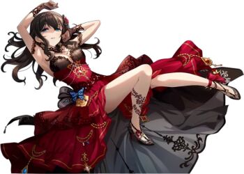 1girl blue_eyes breasts brown_hair character_request cleavage commentary_request copyright_request dress full_body high-low_dress high_heels jewelry long_hair looking_at_viewer nimoji red_dress simple_background solo white_background