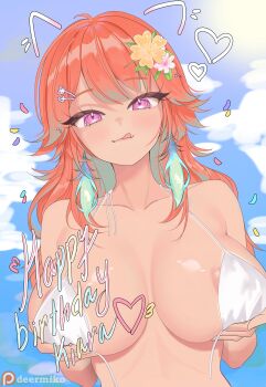 1girl :q absurdres alternate_breast_size_(larger) areola_slip bikini blue_sky breasts cloud colored_inner_hair commentary day deermiko drawn_ears english_commentary feathers flower grabbing_own_breast gradient_hair green_feathers green_hair hair_flaps hair_flower hair_ornament happy_birthday highres hololive hololive_english huge_breasts large_breasts long_hair looking_at_viewer multicolored_hair orange_hair outdoors paid_reward_available purple_eyes sky solo straight-on swept_bangs swimsuit takanashi_kiara tongue tongue_out untied_bikini_top upper_body virtual_youtuber white_bikini