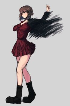 Rule 34 | 1girl, black jacket, black shoes, black socks, brown background, brown eyes, brown hair, clenched hands, clenched teeth, commentary request, dressing, eyes visible through hair, full body, girls und panzer, hair between eyes, highres, jacket, kneehighs, kuromorimine military uniform, looking to the side, military jacket, miniskirt, mityubi, nishizumi maho, parted lips, pleated skirt, red shirt, red skirt, shirt, shoes, short hair, simple background, skirt, socks, solo, teeth, white background