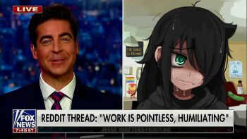 1girl bags_under_eyes black_hair black_hoodie english_text fox_news green_eyes hood hoodie iron_man jesse_watters kuroki_tomoko kurokimoko marvel meme necktie photo-referenced photo_(medium) pickle poster_(object) rainbow_flag reddit rick_and_morty rick_sanchez shirt star_wars toy watashi_ga_motenai_no_wa_dou_kangaetemo_omaera_ga_warui! white_shirt youtube