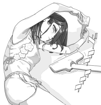 1girl absurdres book earrings fate/grand_order fate_(series) greyscale hair_over_one_eye highres holding holding_book jewelry lying midriff mole mole_under_eye monochrome on_side reading shorts vacuum_cleaner waira xu_fu_(fate) xu_fu_(swimsuit_avenger)_(third_ascension)_(fate)