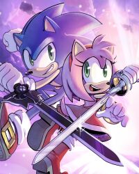 Rule 34 | 1boy, 1girl, absurdres, aideneye99, amy rose, animal ears, blue fur, boots, cloud, dress, furry, furry female, furry male, gloves, green eyes, grin, hairband, highres, holding, holding sword, holding weapon, open mouth, pink fur, red dress, red footwear, red hairband, shoes, sleeveless, sleeveless dress, smile, sonic (series), sonic the hedgehog, sword, tail, teeth, two-tone footwear, upper teeth only, weapon, white footwear, white gloves