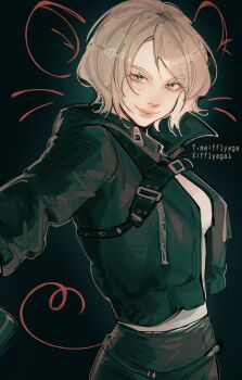 1girl animal_ears ashley_graham black_background black_jacket black_pants blonde_hair chest_harness drawn_ears drawn_tail fflyaga1 green_eyes harness highres jacket light_smile looking_at_viewer mouse_ears mouse_tail pants resident_evil resident_evil_4 shirt short_hair solo swept_bangs tail twitter_username upper_body white_shirt