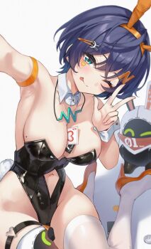 Rule 34 | 1girl, animal ear hairband, animal ears, arm strap, belle (zenless zone zero), black leotard, blue hair, breasts, card, cleavage, clothing cutout, coin, commentary, detached collar, english commentary, eous (zenless zone zero), fake animal ears, fake tail, green eyes, hair ornament, hairband, hairclip, high heels, highleg, highleg leotard, jewelry, kimae, large breasts, leotard, looking at viewer, mole under breast, navel cutout, necklace, one eye closed, playboy bunny, rabbit ear hairband, rabbit ears, rabbit tail, short hair, sticker, sticker on face, strapless, strapless leotard, tail, thick thighs, thigh strap, thighhighs, thighs, tongue, tongue out, v, white wrist cuffs, wrist cuffs, zenless zone zero