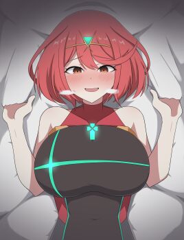 1girl absurdres bed_sheet black_one-piece_swimsuit blush breasts brown_eyes commentary_request covered_navel from_above hands_up heavy_breathing hello_pty highres huge_breasts impossible_clothes impossible_swimsuit lying medium_hair on_back one-piece_swimsuit open_mouth pyra_(pro_swimmer)_(xenoblade) pyra_(xenoblade) red_hair red_one-piece_swimsuit shadow sheet_grab smile solo swept_bangs swimsuit tiara upper_body xenoblade_chronicles_(series) xenoblade_chronicles_2