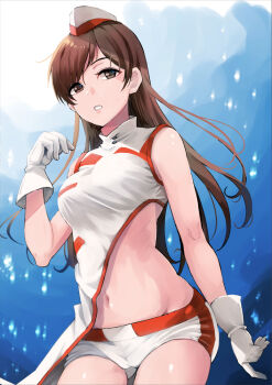 1girl asymmetrical_clothes breasts brown_hair garrison_cap gloves hat idolmaster idolmaster_cinderella_girls looking_at_viewer medium_breasts navel nitta_minami official_alternate_costume shiroyukimajima short_shorts shorts solo stomach voy@ger_(idolmaster) white_gloves white_shorts