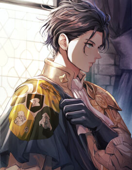 Rule 34 | 1boy, armor, ascot, black gloves, brown hair, cape, claude von riegan, claude von riegan (timeskip), closed mouth, collared shirt, commentary request, curtains, fire emblem, fire emblem: three houses, gloves, green eyes, hair slicked back, indoors, long sleeves, male focus, nintendo, pauldrons, saku (soreca49), shirt, short hair, shoulder armor, side cape, single pauldron, solo, stone wall, upper body, white ascot, window
