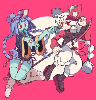 Rule 34 | 2girls, bare legs, black shirt, black socks, blue tongue, blunt ends, blunt sidelocks, boots, borrowed character, braid, castussan, closed mouth, colored skin, colored tongue, commission, double bun, fighting stance, full body, green skin, hair bun, hand fan, highres, hikimayu, holding, holding fan, holding weapon, jaggy lines, jiangshi, knees together feet apart, long hair, long tongue, low-tied sidelocks, midriff, mismatched eyebrows, multiple girls, navel, ofuda, open mouth, original, outstretched arms, pants, pink background, red eyes, red sandals, red sleeves, red trim, sandals, second-party source, sharp teeth, shirt, sidelocks, smile, socks, split mouth, stitches, teeth, tongue, twin braids, upper teeth only, v-shaped eyebrows, very long hair, weapon, white boots, white hair, white pants, wide sleeves, zombie pose