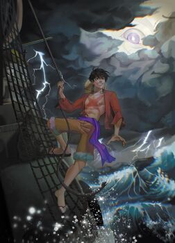 Rule 34 | 1boy, black hair, cloud, cloudy sky, commentary, full body, gear fifth, hat, highres, monkey d. luffy, naowatan, ocean, one piece, orange shorts, purple eyes, purple sash, red shirt, sandals, sash, scar, scar on chest, scar on face, shirt, short hair, shorts, shroud (sailing), sky, smile, straw hat, thousand sunny, thunder