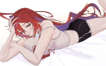 1girl absurdres ahoge bed_sheet black_shorts blue_fire blue_hair breasts camisole closed_mouth colored_inner_hair commentary crop_top double-parted_bangs elisbian elizabeth_rose_bloodflame fire fire_on_chest glasses hair_between_eyes highres hololive hololive_english huge_ahoge large_breasts long_hair looking_at_viewer lying multicolored_hair on_stomach red_eyes red_hair short_shorts shorts simple_background single_hair_intake smile solo strap_slip the_pose very_long_hair virtual_youtuber white_background white_camisole