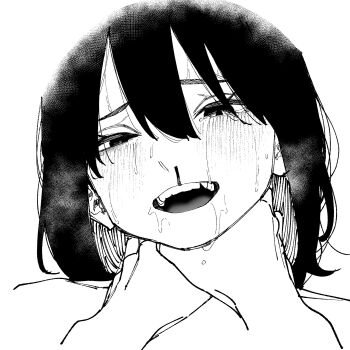 1girl 1other asphyxiation crying crying_with_eyes_open greyscale hands_on_another's_neck highres looking_at_viewer monochrome open_mouth original pov saliva short_hair sketch smile strangling sweat tears teeth untsuku