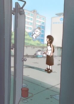Rule 34 | 1girl, backpack, bag, black hair, black shoes, black skirt, building, commentary request, halo, highres, icecream juba, korean commentary, korean text, on rooftop, open door, original, profile, shadow, shoes, skirt, standing, wide shot, wings