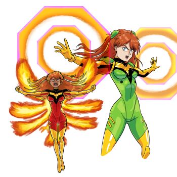1girl absurdres alternate_color angry artist_request at_field aura blue_eyes bodysuit breasts brown_hair clenched_hands color_connection cosplay cowboy_shot curvy fire floating gloves green_bodysuit hand_on_own_hip highres jean_grey jean_grey_(cosplay) long_hair looking_at_viewer marvel mecha_pilot_suit multiple_views neon_genesis_evangelion outstretched_arms phoenix_(x-men) piercing plugsuit_(evangelion) pyrokinesis red_bodysuit simple_background smile solo souryuu_asuka_langley standing very_long_hair wide_hips x-men