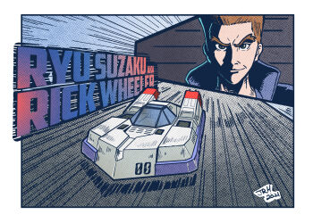 1boy action aircraft artist_name border brown_hair character_name close-up closed_mouth dragon_bird f-zero f-zero_falcon_densetsu flying_car grey_eyes high_collar highres hover_vehicle jrcomicart looking_at_viewer male_focus motion_lines nintendo race_vehicle ryu_suzaku science_fiction solo speed_lines thick_eyebrows vehicle_focus white_border
