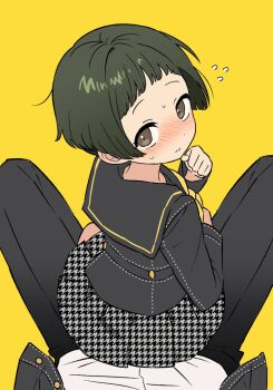 1boy 1girl black_jacket black_pants black_sailor_collar blush brown_eyes closed_mouth commentary_request flying_sweatdrops hetero highres jacket korean_commentary long_sleeves looking_at_viewer looking_back matsunaga_ayane narukami_yu neckerchief nose_blush on_lap open_clothes open_jacket pants persona persona_4 pov sailor_collar school_uniform serafuku shirt shiryoku_kensa short_hair simple_background sitting skirt solo_focus white_shirt yellow_background yellow_neckerchief