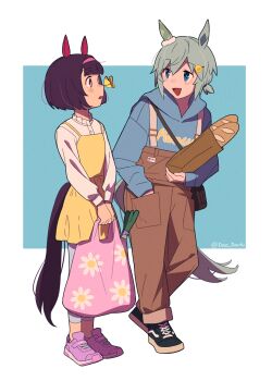 2girls alternate_costume animal_ears bag baguette belt_buckle black_shoes blue_background blue_hoodie blush bob_cut bread brown_overalls buckle bug butterfly butterfly_on_nose casual center-flap_bangs clothes_writing commentary dress ear_covers ear_scrunchie floral_print flower_hairpin food frilled_shirt_collar frills full_body green_hair grey_pants hair_between_eyes hairband hand_in_pocket heel_up highres holding_bread hood hood_down hoodie horse_ears horse_girl horse_tail insect invisible_floor long_sleeves looking_ahead looking_at_animal looking_at_another looking_to_the_side multiple_girls nishino_flower_(umamusume) one_side_up open_mouth overalls pants paper_bag peanut_mouth pink_hairband pink_shoes pocket print_bag print_hoodie purple_eyes purple_hair seiun_sky_(umamusume) shirt_under_dress shoes shopping_bag short_dress short_hair single_ear_cover sneakers spaghetti_strap spring_onion standing symbol-only_commentary tail teddy_(takarada) triangle_mouth twitter_username two-tone_background umamusume v_arms white_background yellow_dress