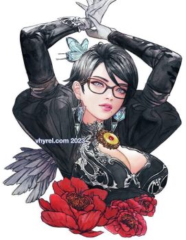 1girl arms_up bayonetta bayonetta_(series) blue_eyes breasts butterfly_hair_ornament cleavage_cutout clothing_cutout commentary earrings english_commentary flower glasses hair_ornament jewelry large_breasts mole mole_under_mouth parted_lips red_flower short_hair simple_background solo vhyrel white_background