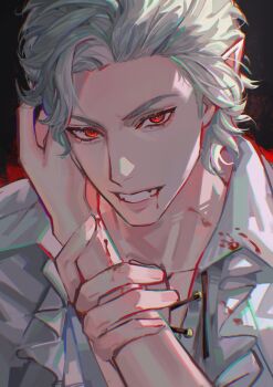 1boy absurdres astarion baldur&#039;s_gate baldur&#039;s_gate_3 bite_mark black_background blood blood_on_clothes blood_on_face blood_on_hands cigma collarbone collared_shirt commentary elf glowing glowing_eyes grin hand_on_another&#039;s_face highres holding_another&#039;s_wrist looking_at_viewer male_focus pointy_ears portrait pov pov_hands red_eyes shirt short_hair smile solo_focus symbol-only_commentary vampire vampire_bite white_hair white_shirt