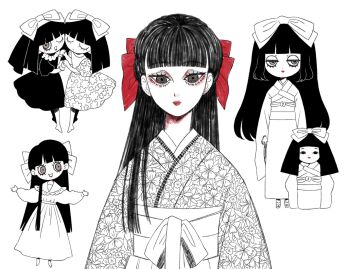 Rule 34 | 2girls, alternate costume, blunt bangs, bow, cheek-to-cheek, closed eyes, closed mouth, doll, dot mouth, dress, eleanor (ohmyeleanor), expressionless, eyeliner, floral print, floral print dress, floral print kimono, furisode, greyscale, hair bow, hair ribbon, half-closed eyes, heads together, holding hands, ichimatsu doll, ichimatsu suzuka, indie virtual youtuber, japanese clothes, kimono, long hair, long sleeves, looking at viewer, makeup, monochrome, multiple girls, multiple views, obi, obijime, one eye closed, open mouth, print dress, print kimono, puffy long sleeves, puffy short sleeves, puffy sleeves, red eyeliner, red lips, red ribbon, ribbon, ringed eyes, sash, short sleeves, simple background, smile, spot color, standing, virtual youtuber