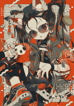 1girl animal_ear_fluff animal_ears black_hair black_tank_top boots border braid clothing_request commentary commentary_request crossed_legs english_commentary food grey_hoodie gym_shorts highres holding holding_mahjong_tile hood hoodie looking_at_viewer mahjong mahjong_tile midriff mixed-language_commentary multicolored_hair nail_polish onigiri orange_border orange_eyes orange_hair orange_nails orange_theme original red_panda red_panda_ears red_panda_girl red_panda_tail shorts solo sunglasses tank_top twin_braids two-tone_hair two_side_up yumenouchi_chiharu zipper zipper_top
