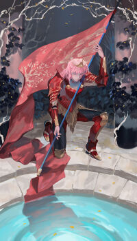 1girl adventure_time alternate_costume animification armor bare_tree black_pants boots bracer breastplate closed_mouth cloud cloudy_sky commentary english_commentary fingernails flag full_body garden gold_headwear grey_eyes high_heel_boots high_heels highres holding holding_flag long_hair looking_at_viewer mcmeao on_one_knee outdoors pants petals pink_hair pool princess_bonnibel_bubblegum red_armor red_boots ripples shoulder_pads sky smile solo striped_clothes striped_pants tarot the_sun_(tarot) tiara tree wavy_hair white_nails