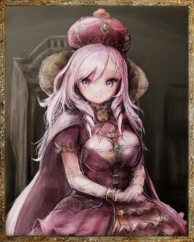 1girl absurdres airani_iofifteen alternate_breast_size_(larger) alternate_costume border breasts cape cleavage crown dress frilled_dress frills gloves hands_on_lap hat highres hololive hololive_indonesia indoors jewelry large_breasts light_smile long_hair looking_at_viewer nymph_rhythm ornate_border pink_cape pink_hair portrait royal_robe sitting sitting_on_throne solo throne virtual_youtuber