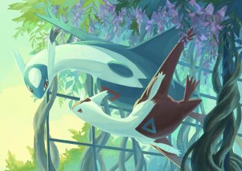 claws closed_eyes commentary_request dragon flying gen_3_pokemon highres keruasu0629 latias latios legendary_pokemon nintendo no_humans open_mouth pokemon pokemon_(creature) pokemon_focus red_eyes smile tree wings