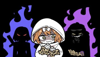 3girls aura book bow chain commentary_request dark_aura evil_grin evil_smile green_eyes grin hair_bow highres hood hood_up hoodie ishmael_(project_moon) kojocho05 limbus_company middle_(identity)_(project_moon) multiple_girls nervous_sweating outis_(project_moon) pinky_(identity)_(project_moon) project_moon red_eyes ringed_eyes ryoshu_(project_moon) sharp_teeth smile sweat teeth weapon weapon_on_back white_bow white_hoodie yellow_eyes