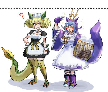 2girls ? aged_up apron arm_up basket blue_kimono blush breasts commentary_request dragon_girl dragon_horns dragon_tail duel_monster eastern_dragon_horns fingerless_gloves frilled_apron frilled_hairband frills gloves green_hair hairband hatano_kiyoshi highres holding holding_basket horns japanese_clothes kimono laundry_dragonmaid long_hair looking_at_another maid maid_apron maid_headdress medium_breasts multiple_girls open_mouth parlor_dragonmaid purple_hair short_twintails simple_background smile tail thighhighs twintails wa_maid waist_apron white_background wrist_cuffs yellow_eyes yellow_thighhighs yu-gi-oh!